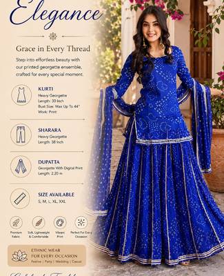 Women's blue heavy georgette with inner printed kurta set with sharara and dupatta 2