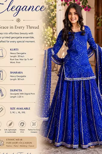 Women's blue heavy georgette with inner printed kurta set with sharara and dupatta