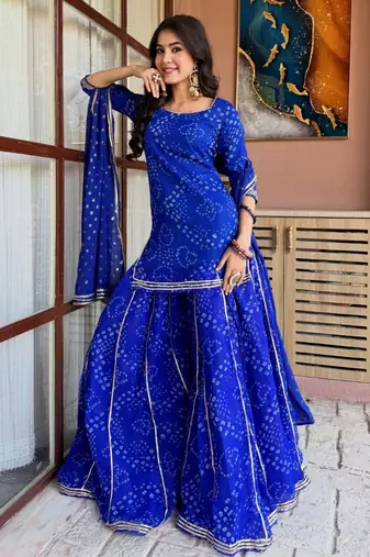 Women's blue heavy georgette with inner printed kurta set with sharara and dupatta