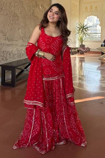 Women's red heavy georgette with inner printed kurta set with sharara and dupatta