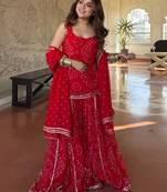 Women's red heavy georgette with inner printed kurta set with sharara and dupatta
