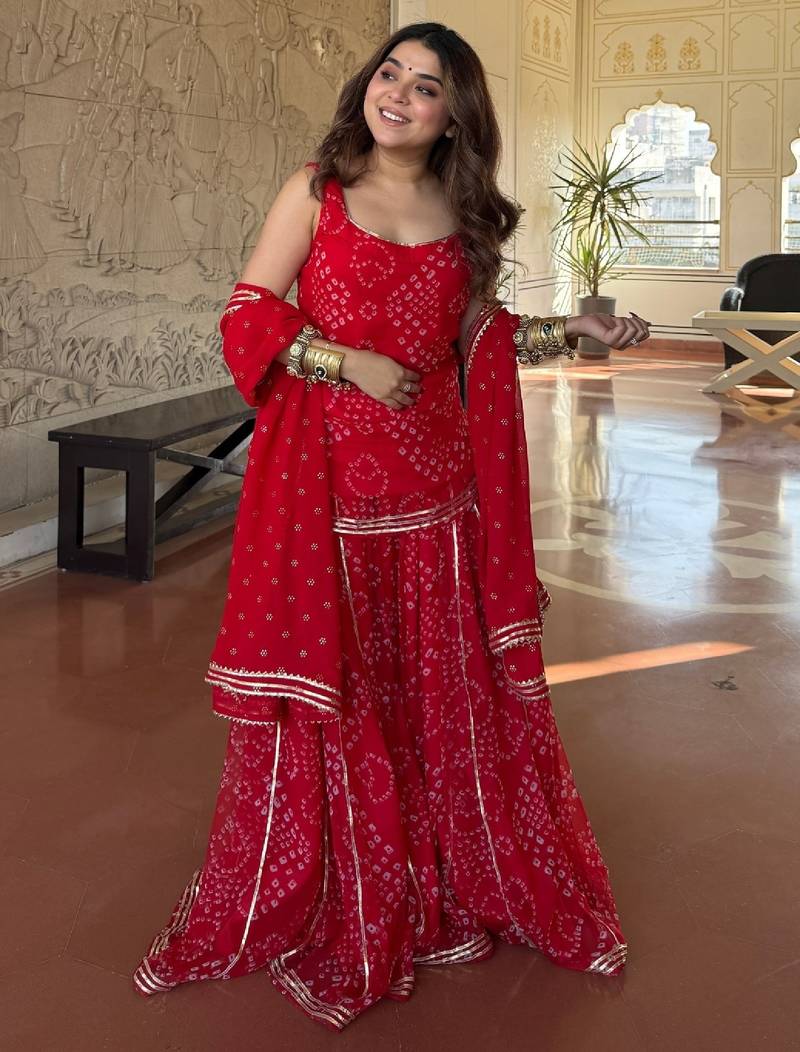 Women's red heavy georgette with inner printed kurta set with sharara and dupatta