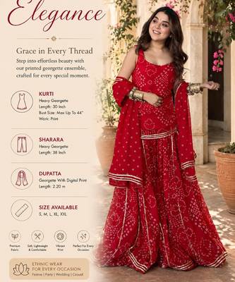 Women's red heavy georgette with inner printed kurta set with sharara and dupatta 2