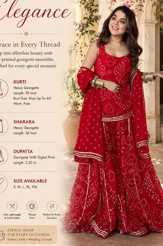 Women's red heavy georgette with inner printed kurta set with sharara and dupatta