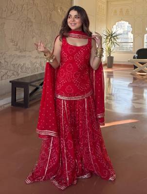 Women's red heavy georgette with inner printed kurta set with sharara and dupatta 3