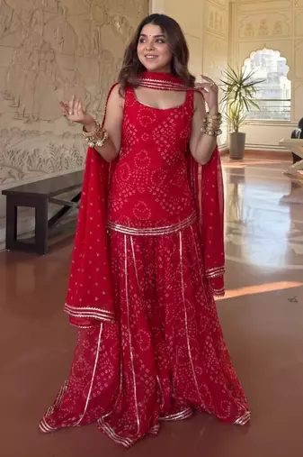 Women's red heavy georgette with inner printed kurta set with sharara and dupatta