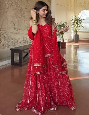 Women's red heavy georgette with inner printed kurta set with sharara and dupatta 5
