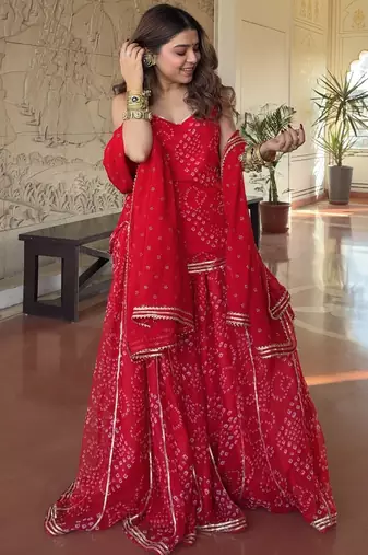 Women's red heavy georgette with inner printed kurta set with sharara and dupatta