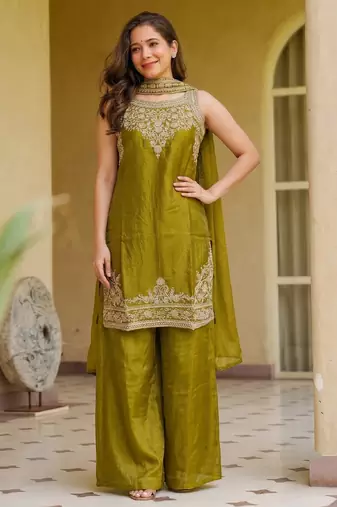 Women's olive embroidered satin straight kurta set with palazzo and dupatta