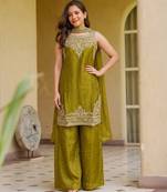 Women's olive embroidered satin straight kurta set with palazzo and dupatta