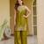 Women's olive embroidered satin straight kurta set with palazzo and dupatta