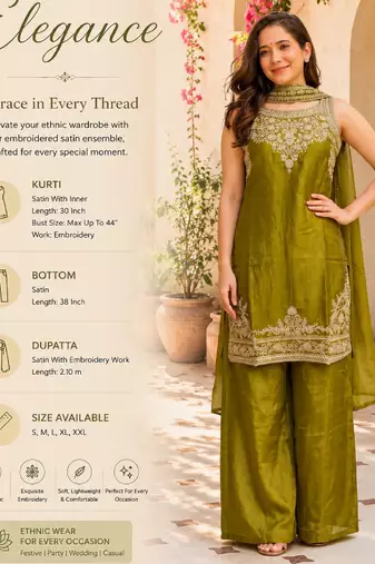Women's olive embroidered satin straight kurta set with palazzo and dupatta