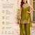 Women's olive embroidered satin straight kurta set with palazzo and dupatta