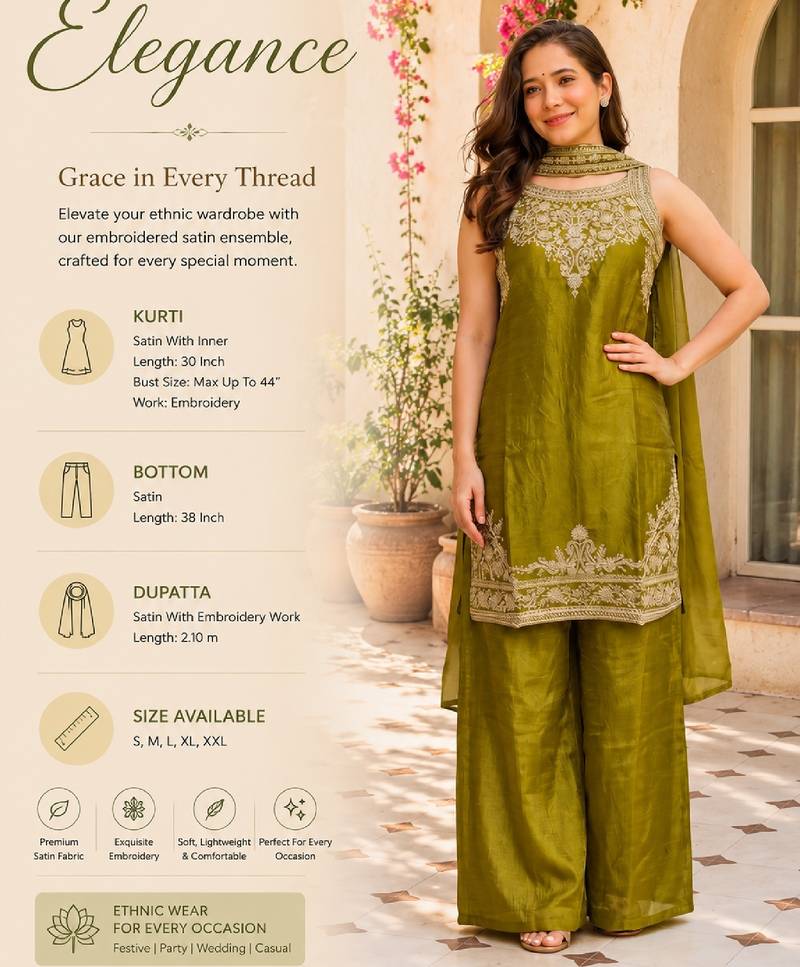 Women's olive embroidered satin straight kurta set with palazzo and dupatta