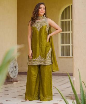 Women's olive embroidered satin straight kurta set with palazzo and dupatta 4
