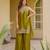 Women's olive embroidered satin straight kurta set with palazzo and dupatta