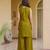Women's olive embroidered satin straight kurta set with palazzo and dupatta