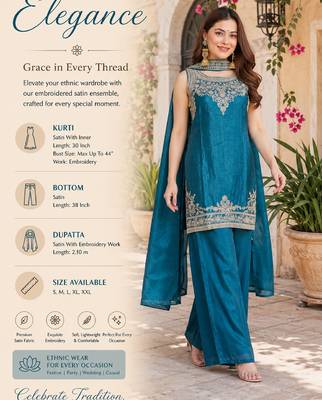 Women's teal blue embroidered satin straight kurta set with palazzo and dupatta 2
