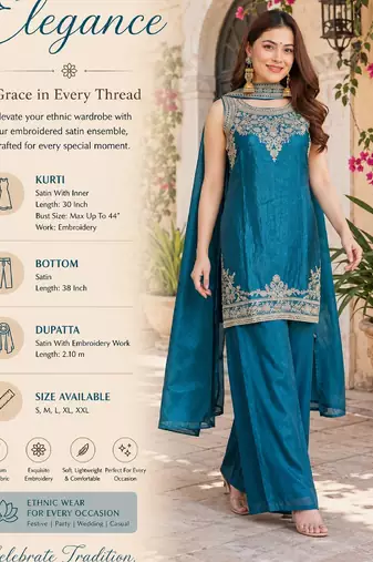 Women's teal blue embroidered satin straight kurta set with palazzo and dupatta