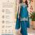 Women's teal blue embroidered satin straight kurta set with palazzo and dupatta