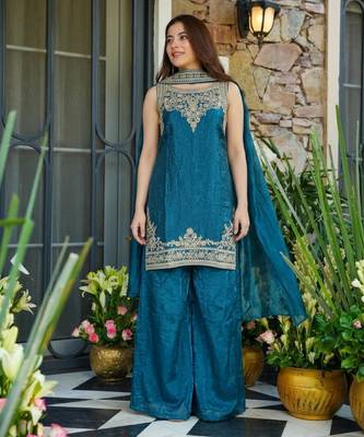 Women's teal blue embroidered satin straight kurta set with palazzo and dupatta 3