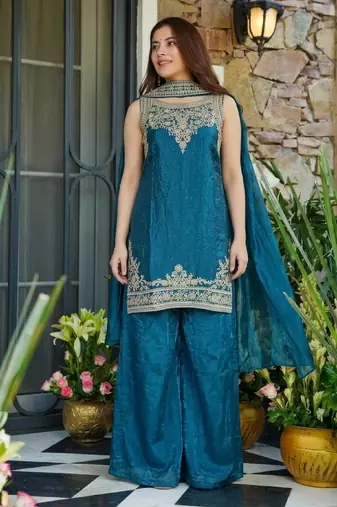 Women's teal blue embroidered satin straight kurta set with palazzo and dupatta
