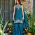 Women's teal blue embroidered satin straight kurta set with palazzo and dupatta