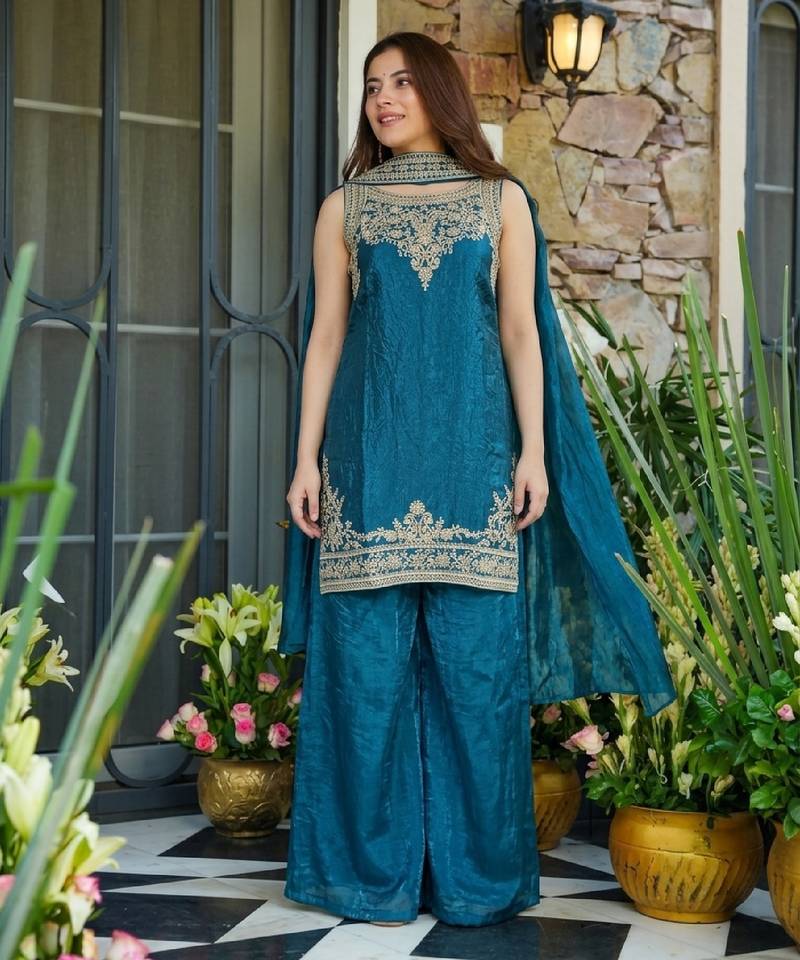 Women's teal blue embroidered satin straight kurta set with palazzo and dupatta
