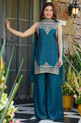 Women's teal blue embroidered satin straight kurta set with palazzo and dupatta