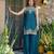 Women's teal blue embroidered satin straight kurta set with palazzo and dupatta