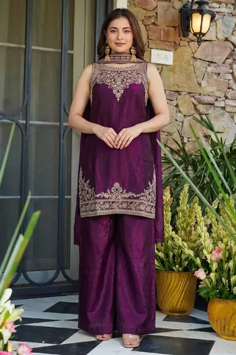 Women's wine embroidered satin straight kurta set with palazzo and dupatta