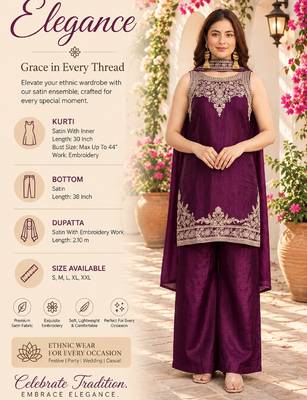 Women's wine embroidered satin straight kurta set with palazzo and dupatta 2