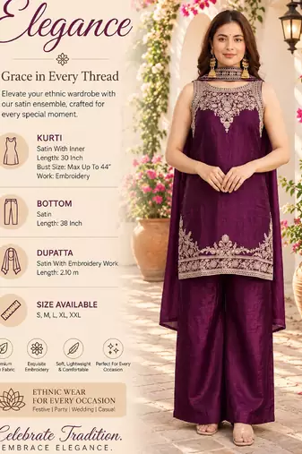Women's wine embroidered satin straight kurta set with palazzo and dupatta