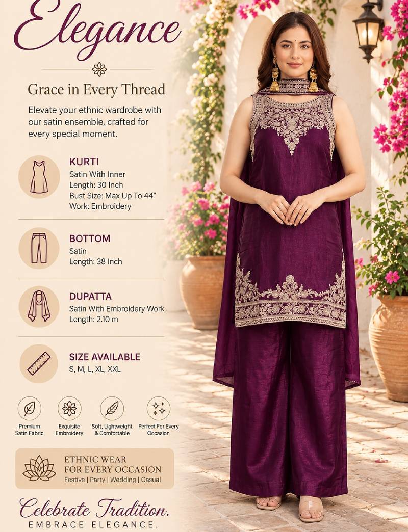 Women's wine embroidered satin straight kurta set with palazzo and dupatta