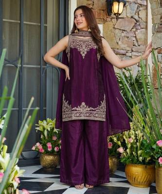 Women's wine embroidered satin straight kurta set with palazzo and dupatta 4