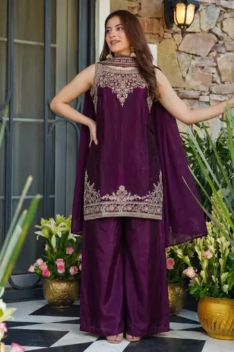 Women's wine embroidered satin straight kurta set with palazzo and dupatta
