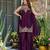 Women's wine embroidered satin straight kurta set with palazzo and dupatta