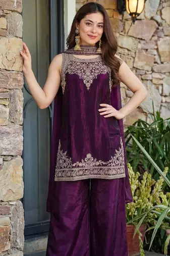 Women's wine embroidered satin straight kurta set with palazzo and dupatta
