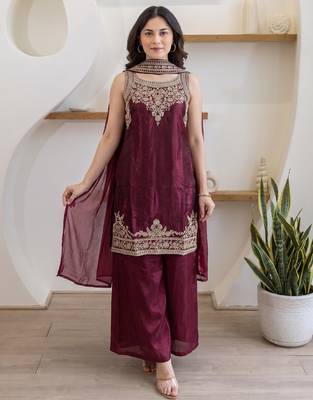 Women's maroon embroidered satin straight kurta set with palazzo and dupatta 1