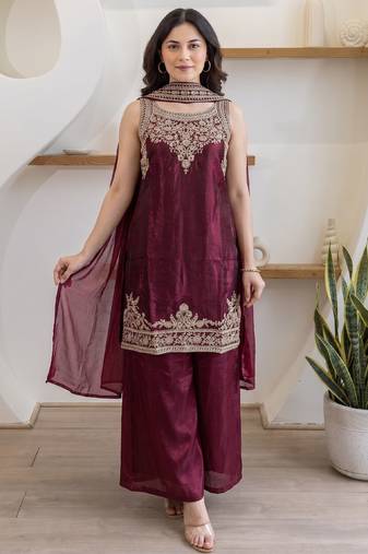 Women's maroon embroidered satin straight kurta set with palazzo and dupatta