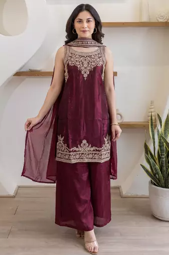 Women's maroon embroidered satin straight kurta set with palazzo and dupatta