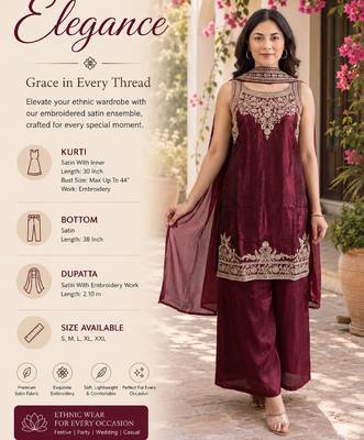 Women's maroon embroidered satin straight kurta set with palazzo and dupatta 2