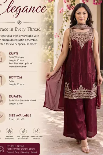 Women's maroon embroidered satin straight kurta set with palazzo and dupatta