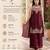 Women's maroon embroidered satin straight kurta set with palazzo and dupatta