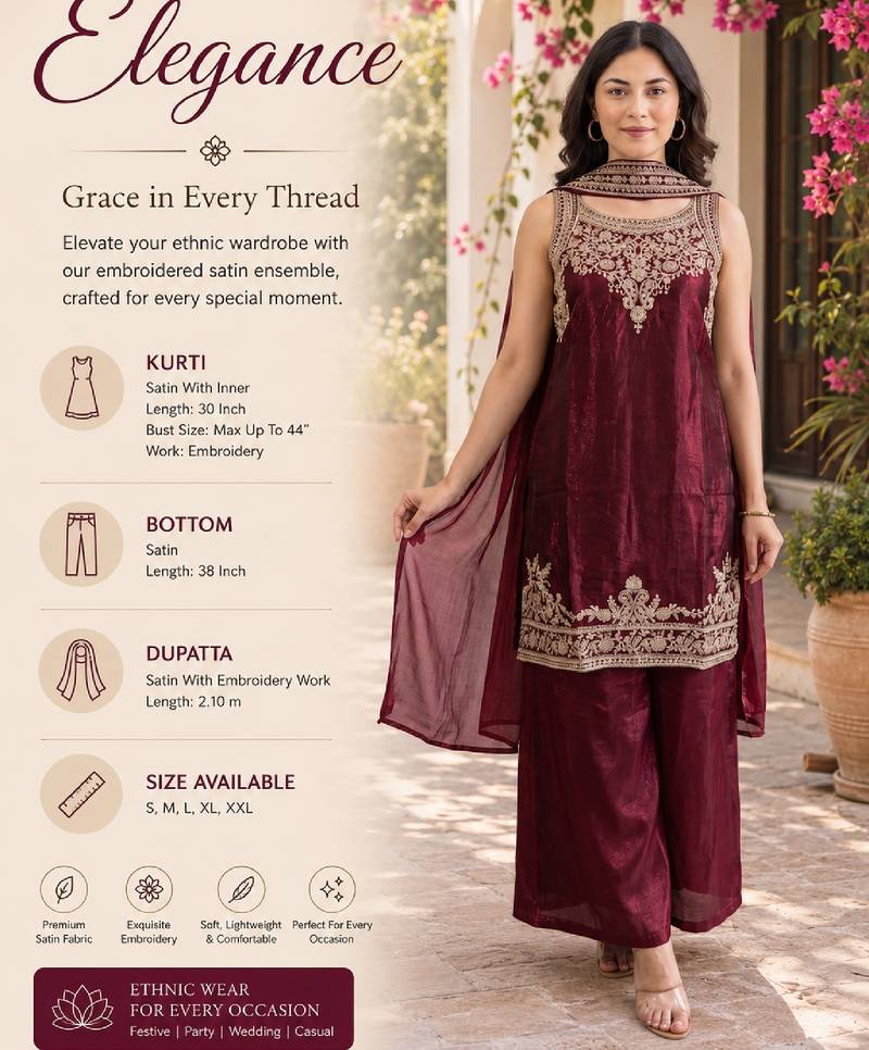 Women's maroon embroidered satin straight kurta set with palazzo and dupatta