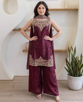 Women's maroon embroidered satin straight kurta set with palazzo and dupatta 3