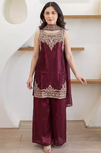 Women's maroon embroidered satin straight kurta set with palazzo and dupatta