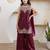 Women's maroon embroidered satin straight kurta set with palazzo and dupatta