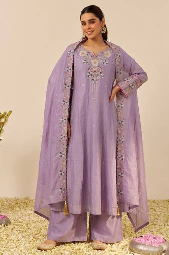 Women's silk blend lavender embroidered kurta set with palazzo and dupatta
