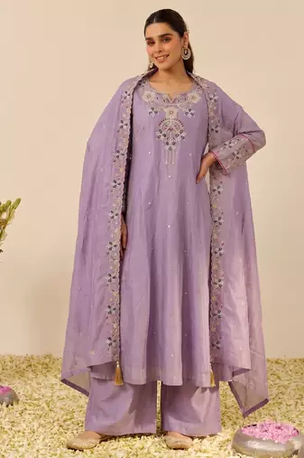 Women's silk blend lavender embroidered kurta set with palazzo and dupatta